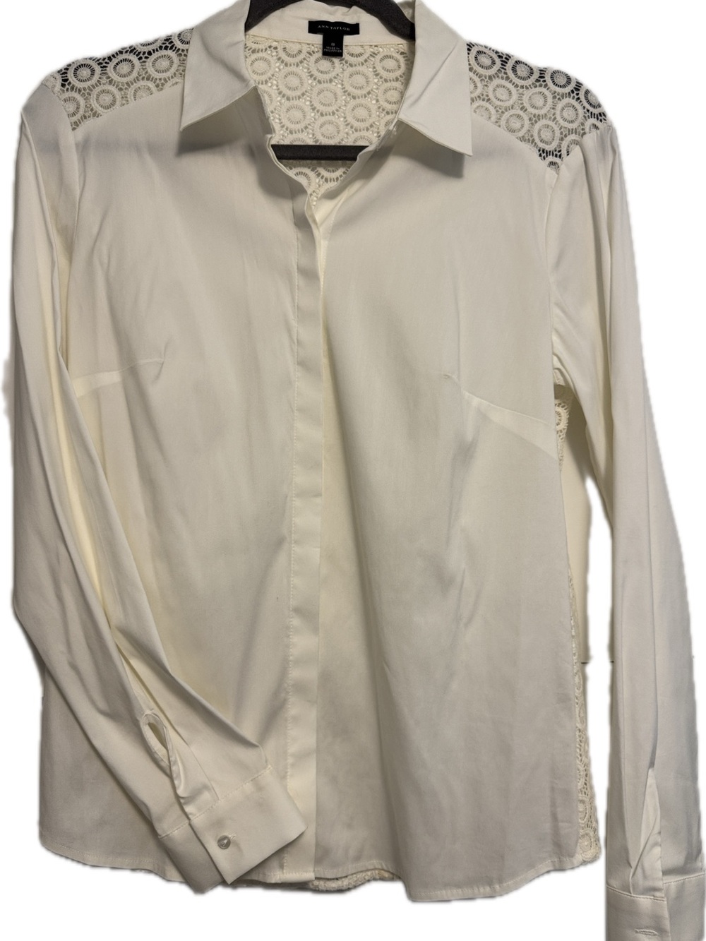 Ann Taylor White & Cream Lace-Trim Button-Up Blouse